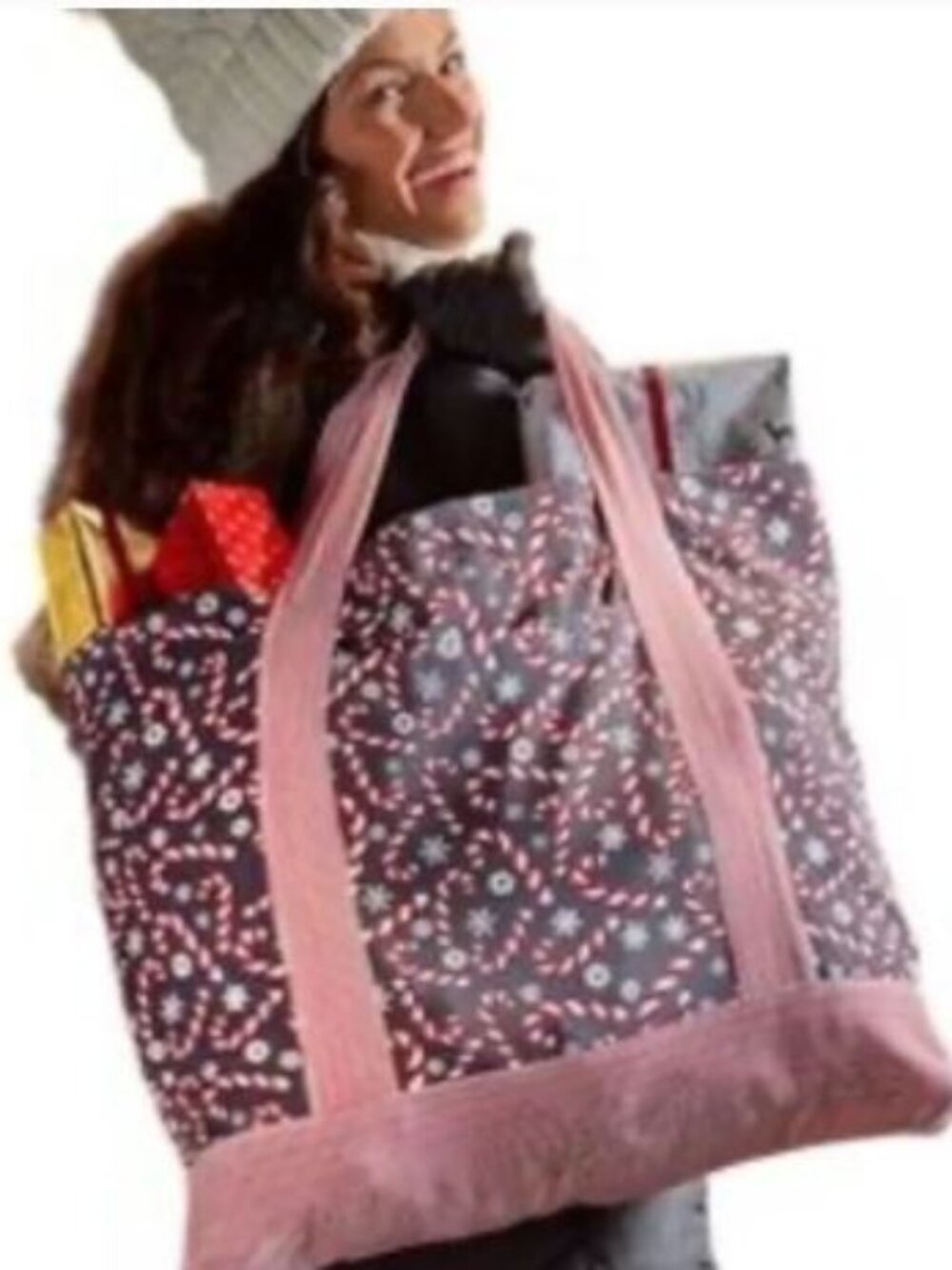 Mia and Tess candy cane and snowflake Christmas tote in black, red and white.
